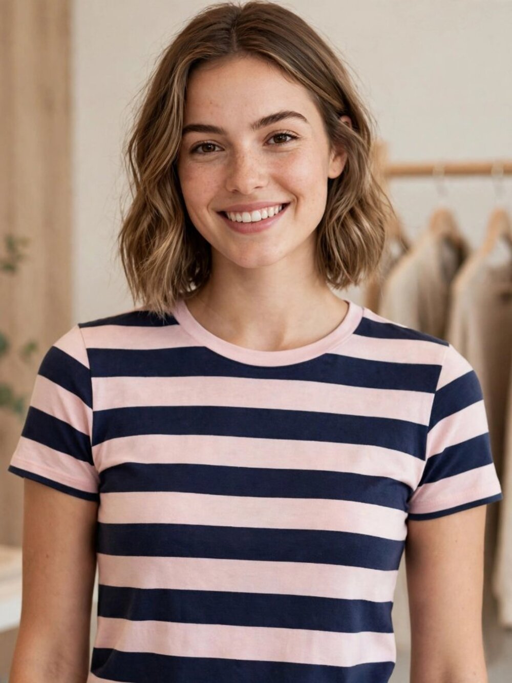 Heart & Hips Pink Navy Striped Short Sleeve Tshirt Crew Neck Size S